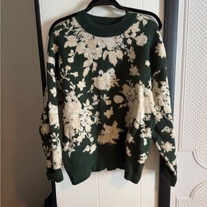 Listicle Floral Pattern Sweater - Dark Green and Cream